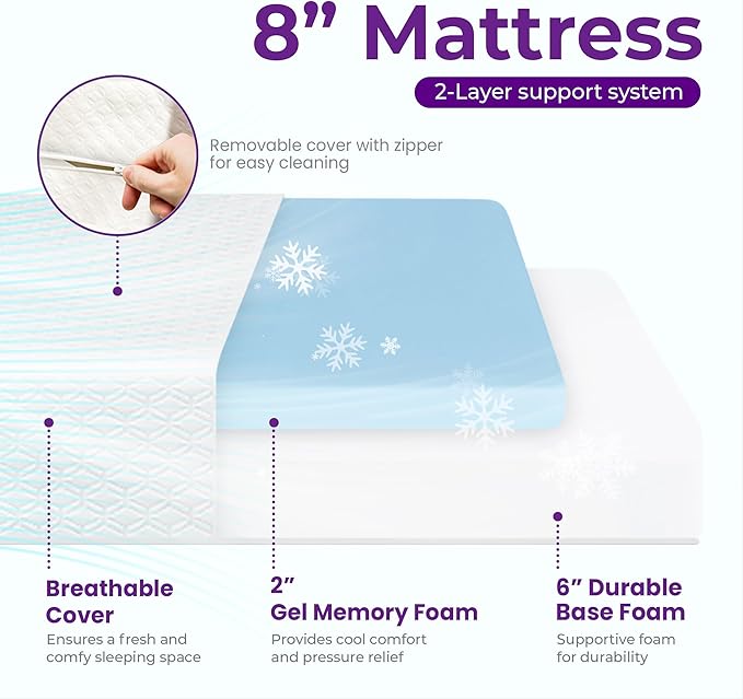 GAESTE 8 Inch Twin XL Cooling Gel Memory Foam Mattress for Cool Sleep Medium Firm CertiPUR-US Certified Foam, Mattress in a Box Pressure Relief Removable Cover No Fiberglass (Twin XL, 8 in)