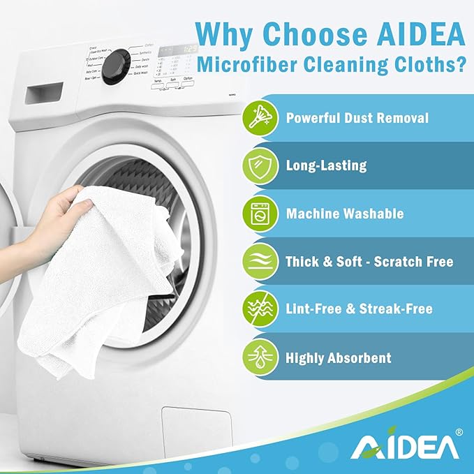 AIDEA Microfiber Cleaning Cloth-12PK, Soft Microfiber Towels for Cars, Absorbent Cleaning Rags, Lint-Free Streak-Free Wash Cloths for House, Kitchen, Window(12in.x12in), White