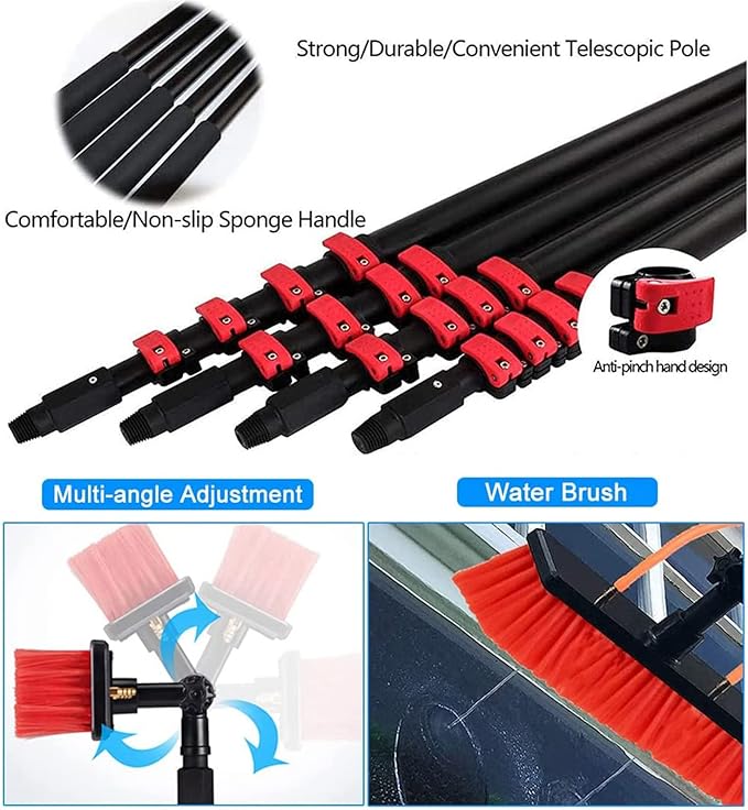 Telescopic Cleaning Brush, Multi-Purpose Water Spray Brush, Solar Panel Cleaning Equipment, Telescopic Hydrocleaner, 3.6m-10.8m, Roof Cleaning Tools Window Cleaner Kit,30ft/9m-55cmBrushhead