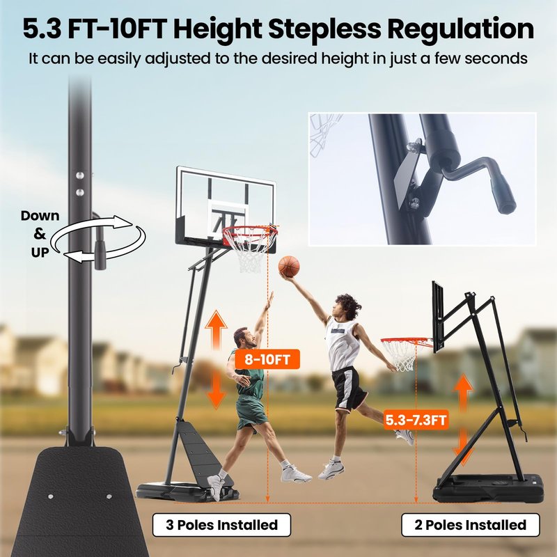 BACKYARD BLITZ Basketball Hoop, 44&48IN&54IN Backboard Portable Basketball Goal System, 10FT Hand-Crank Adjustable Basketball Hoops Outdoor (White, 48in Backboard)