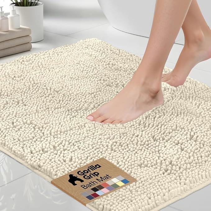 GORILLA GRIP Bath Rug Mat 30x20, Thick Soft Absorbent Chenille, Quick Dry Microfiber Mats, Rubber Backing Washable Shower Floor Rugs, US Designed Bathroom Bathmat Home Decor Accessories, Ivory Cream