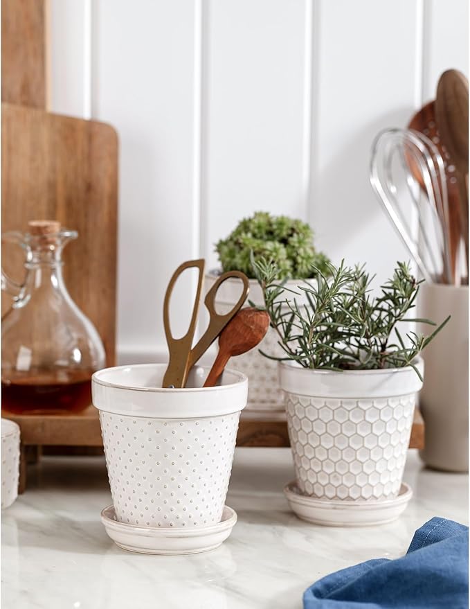 Ceramic Succulent Pots with Drainage Hole & Saucer, 4 Inch Small Plant Pots, Ceramic Planter for Indoor Plants, Embossed Flower Pots, Home Decor, Set of 4, Off-White