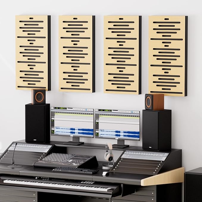 TONOR 4-Pack Acoustic Wood Wall Panels, 23.6” * 11.8” * 1.9” 3D Self-adhesive