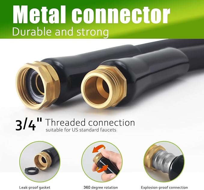 Non-Expandable Garden Hose 75feet, Flexible Water Hose with 10 Function Hose Nozzle, Lightweight, Tangle Free, Rust Proof for Yard (Black)