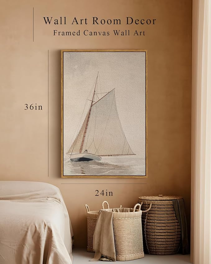 InSimSea Framed Wall Art for Living Room - Large Canvas White Sailboat Seascape Watercolor Vintage Painting - Coastal Wall Art Prints for Office & Home Decor - 24x36in