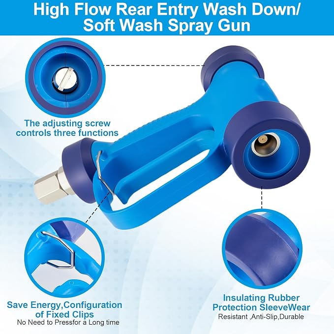 Baquler Blue High Volume Soft Wash Gun with Ss Swivel Pin, 350 Psi, 16 Gpm, 1/2" Bsp, Heavy Duty Rear Entry High Flow Low Pressure Wash Down Spray Gun for Car Patio Pools Structure Cleaning
