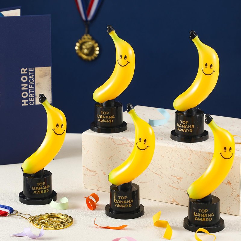 Tondiamo 12 Pcs Top Banana Award Trophy Plastic Cute Fun Award Trophy Smiling Yellow Banana on Black Stand Funny Trophies Gifts