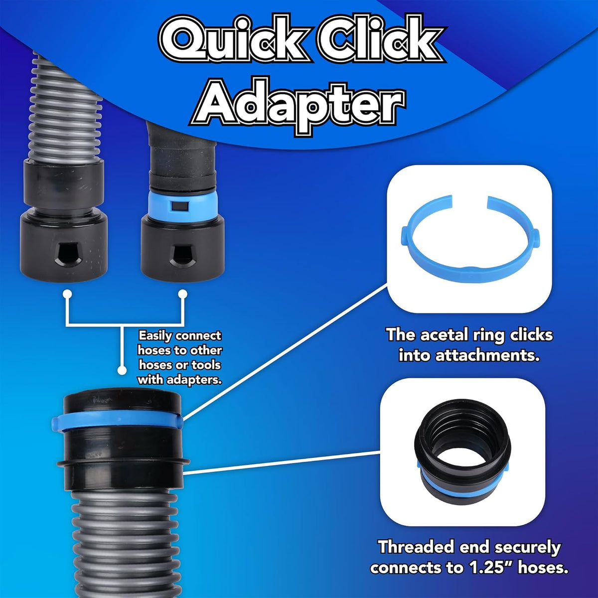 Cen-Tec Systems 94731 Quick Click 30 Ft. Hose for Home and Shop Vacuums with Expanded Multi-Brand Power Tool Adapter Set for Dust Collection