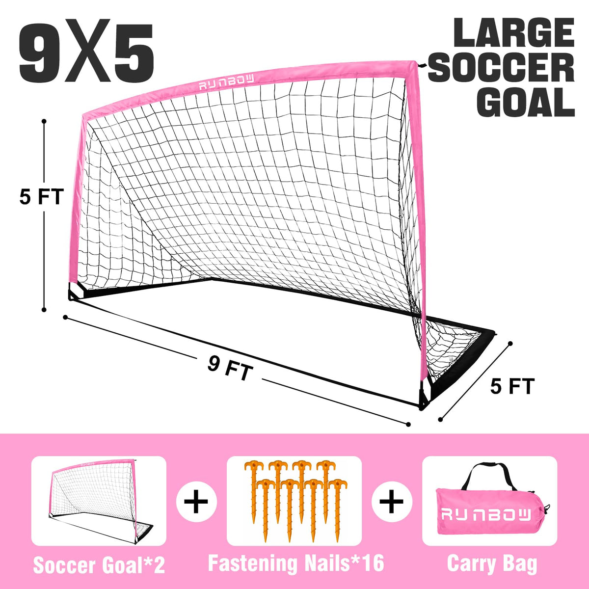 RUNBOW 9x5 ft Portable Kids Soccer Goal for Backyard Adult Junior Large Girl Practice Soccer Net with Carry Bag (9x5ft, Pink, 1 Pack)