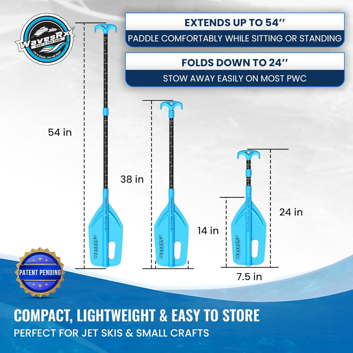 WAVESRX Telescoping Paddle - Adjustable 24" to 54" Emergency Oar with Docking Hook & Depth Gauge for Boating