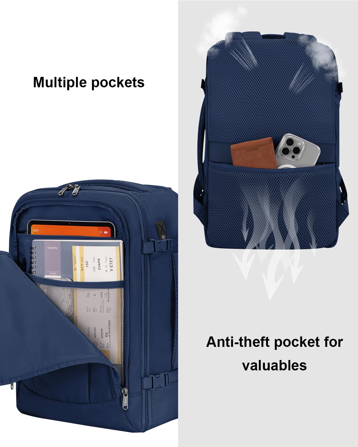 ECOHUB 17'' Travel Backpack, Personal Item Backpack with 13 Pockets, Flight Approved Carry on Backpack with USB Port & Luggage Sleeve, Travel bag for Men & Women, Water Resistant Backpack, Blue