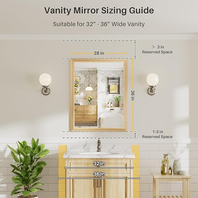 28x36 Inch Bathroom Mirror for Wall, Anti-Rust Oak Wood Grain Metal Framed
