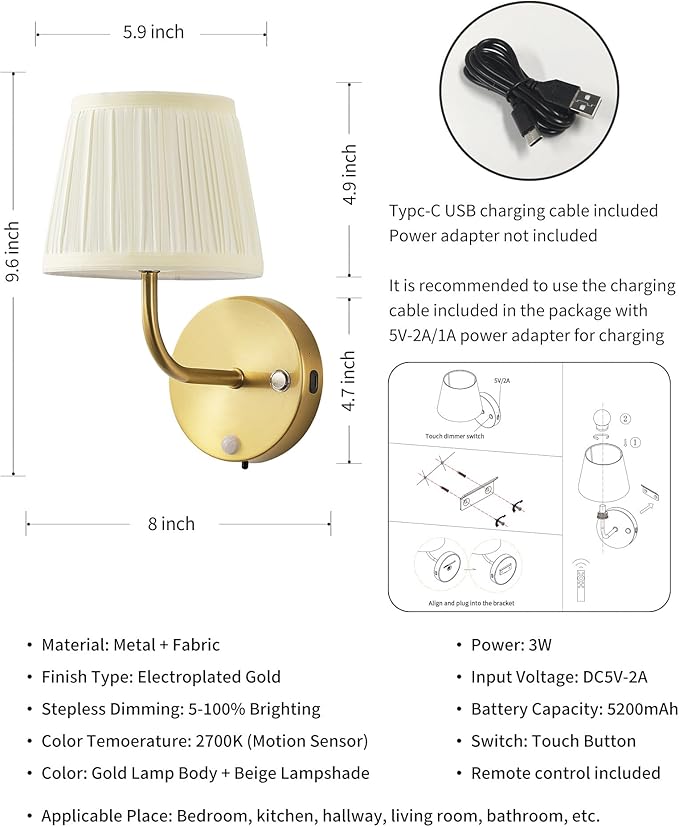 PUSU Motion Sensor Gold H9.6 inch Small Wall Sconces Set of 2, LED Cordless