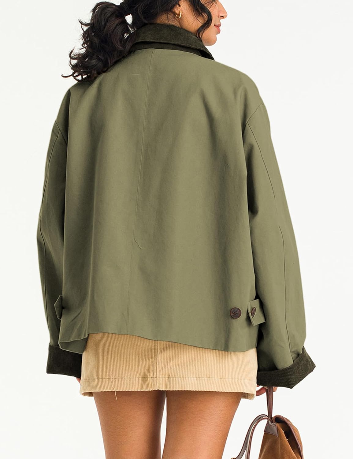 Viefent Women's Contrast Collar Crop Trench Coat - Casual Button Down Jacket with Pockets | Army Green, Large