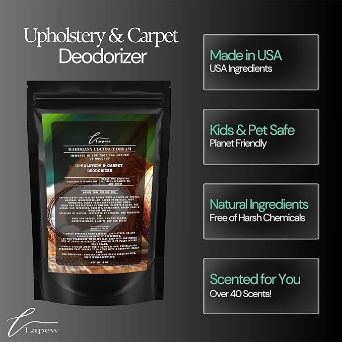 Lapew Mahogany Coconut Dream Scented Cleaning Bundle | Carpet Deodorizer Powder (16 oz) & Mop Soap Concentrate (36 oz) | Pet-Friendly Odor Eliminator