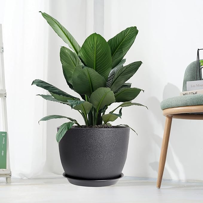 12inch Large Plant Pot, Modern Plastic Planter with High Driange Holes and Saucer for Indoor Outdoor Garden Plants and Flowers, Black