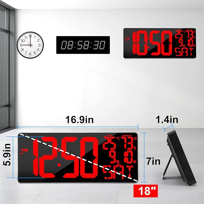 18" Digital Wall Clock Large Display/Bluetooth Sync Time, Large Wall Clock