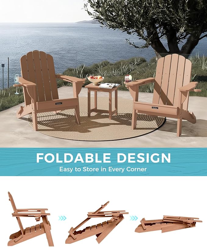 Folding Adirondack Chair,All-Weather HDPE Fire Pit Chair with 2 Cup Holders, Plastic Outdoor Chair for Patio Deck Garden Lawn, Teak