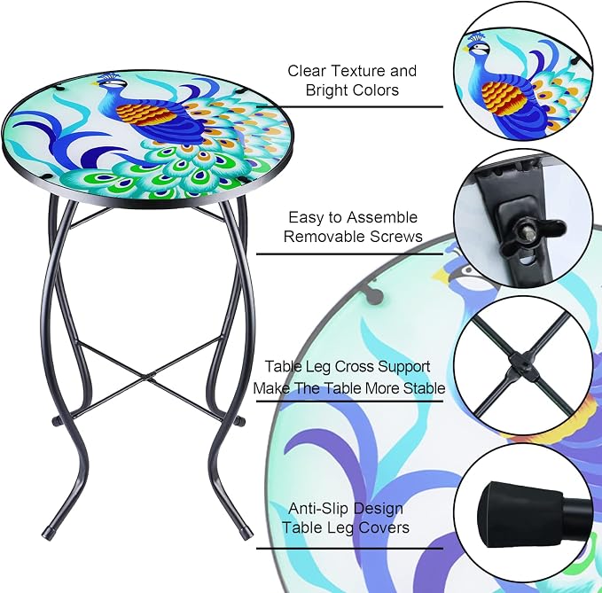 Arbuxzuy 12 Inch Small Outdoor Side Table with Colorful Peacock, Glass Mosaic Patio Table Indoor, Round Plant Coffee Table for Living Room, Balcony, Garden