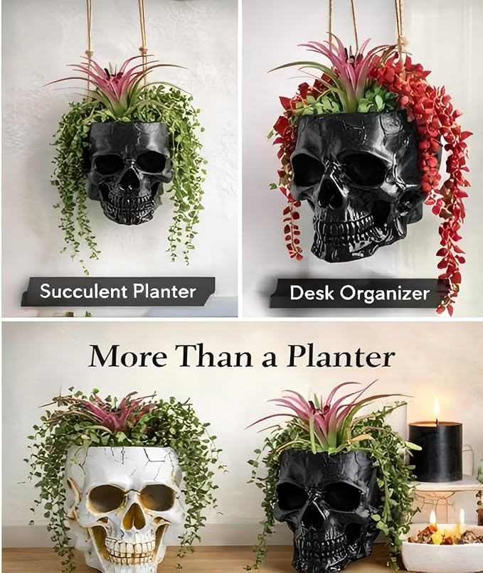 Resin Air Plant Holders,Tilandsia Container,Gothic Skeleton Planter,Halloween Plant Pot,Tillandsia Pot, Skull Table Top Display Planters for Air Plants and Other Mini Plants (White No.1, 7*5*3.2'')