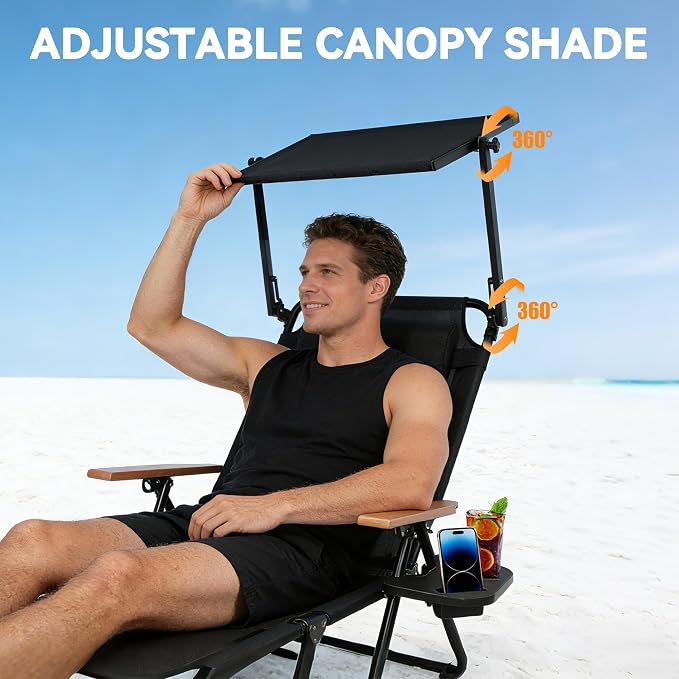 Beach Lounge Chair, Folding Outdoor Chaise Lounge Chair with Arms, 4-Position Backrest, Extended Sun Tanning Chair Pillow & Cup Holder, Patio Lounger for Outside for Beach Pool Patio Yard (Black-U)