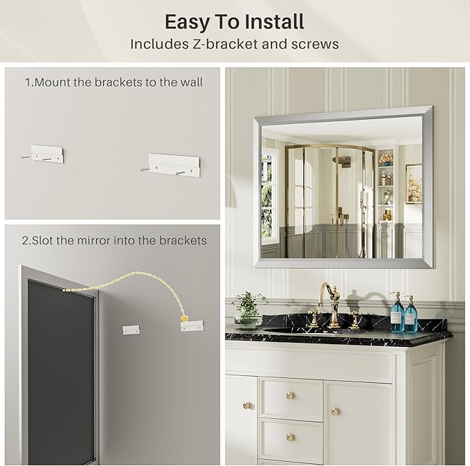 48x36 Inch Silver Bathroom Mirror for Wall, Thick Metal Framed Rectangle Mirrors for Over Sink, Bedroom, Living Room, Entryway, Anti-Rust, HD Tempered Glass