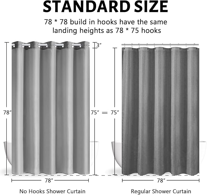 Light Grey Shower Curtain No Hooks Needed,Polyester Fabric Long Shower Curtain Liner 78 Length with 10 Plastic Split Grommets,Machine Washable & Waterproof Bathroom Curtains for Hotel,78x78 Inch