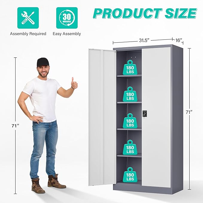 SISESOL Storage Cabinet with Doors and Shelves,71" Metal Storage Cabinet with Lock Door Adjustable Shelf, Steel Lockers for Office, Home,School,Kitchen,Garage Tool Utility Cabinet