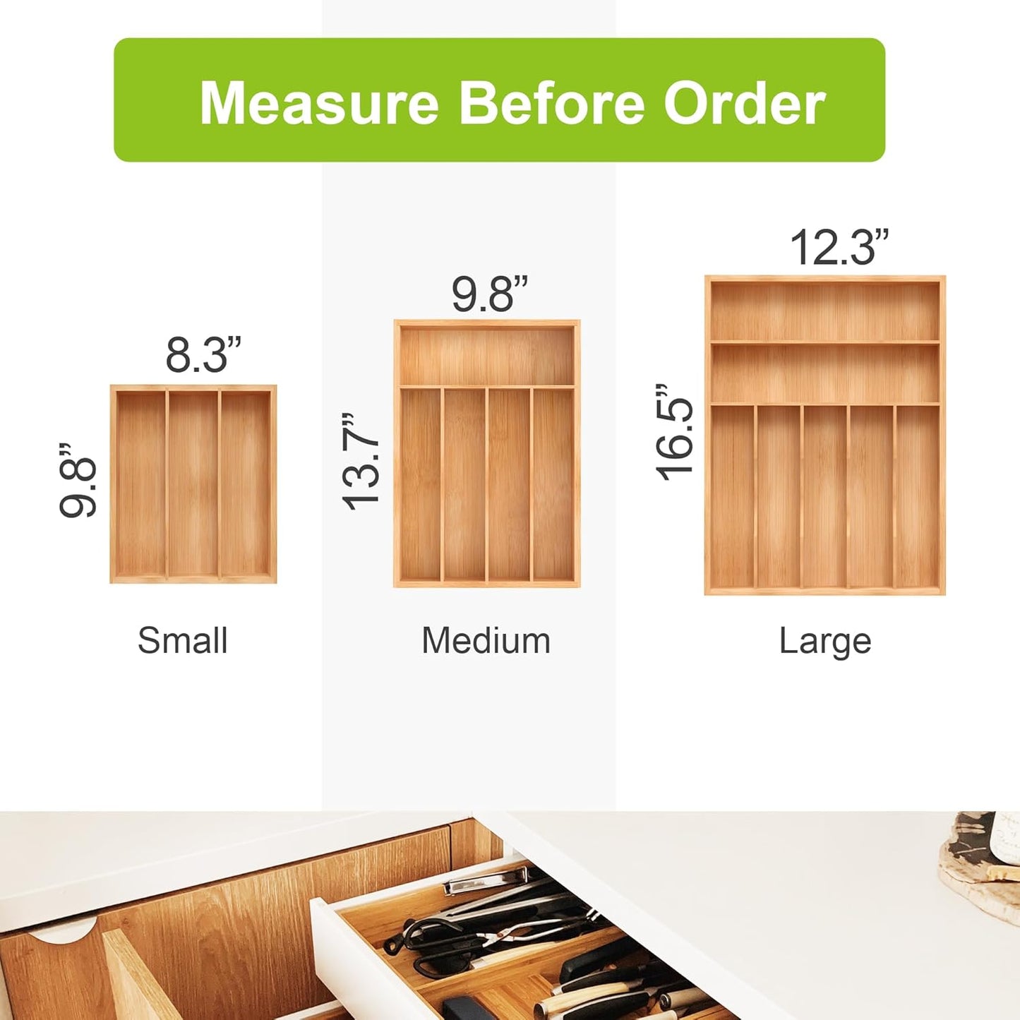 Bamboo Utensil Drawer Organizer, Silverware Tray Organizer, Kitchen Drawer Organizer for Flatware Cutlery, (Natural, 3 Slots)
