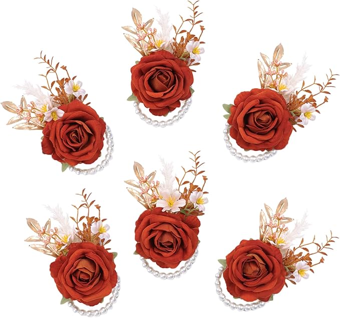 Meldel Orange Velvet Rose Wrist Corsage, Set of 6, Wedding Bridal Flower Corsage Hand Decor for Prom Party Homecoming, Wristband Flowers Bride, Bridesmaid, Girl