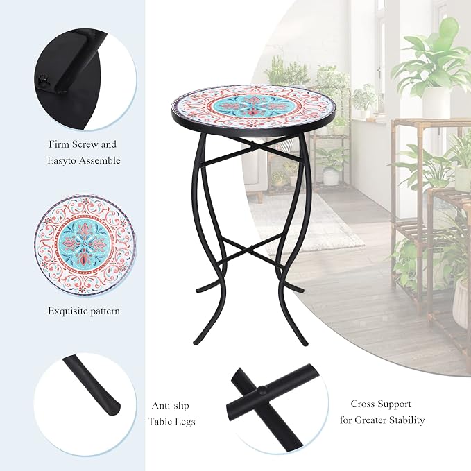 VCUTEKA Patio Side Table, Mosaic Outdoor Side Table 14" Round Small Accent Table Indoor End Table for Yard, Garden, Living Room, Bistro Balcony or Lawn