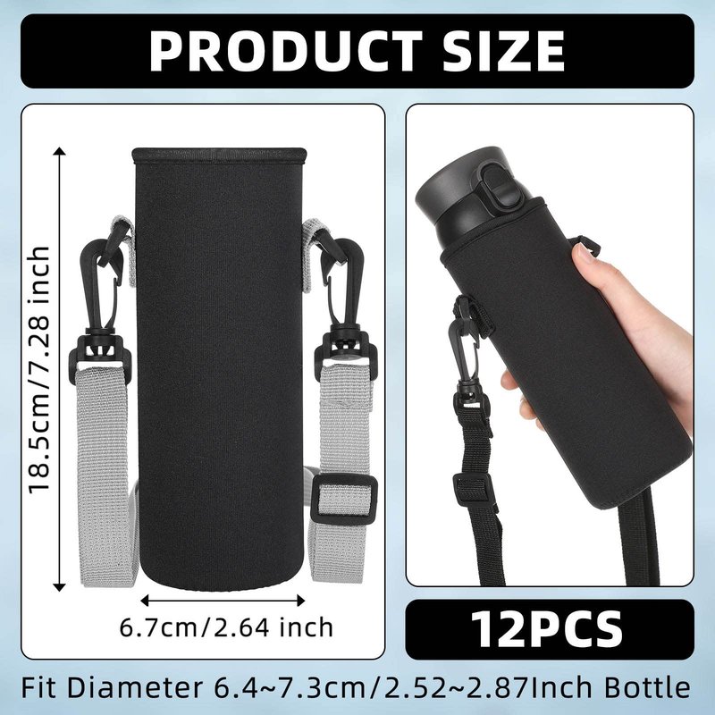 Sabary 12 Pcs Water Bottle Sleeve with Shoulder Strap 25oz Sublimation Water Bottle Holder Carrier Pouch Adjustable Sling Bag for Boys Girls(Black)