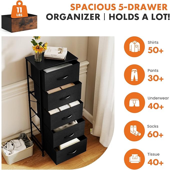 Sweetcrispy 5 Drawer Dresser with Fabric Bins, Sturdy Steel Frame and Wood Top, Storage Organizer Chest for Bedroom, Closet, Hallway, Black