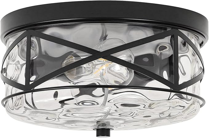 LamQee 9.8" Small Flush Mount Ceiling Light With Clear Hammered Glass, Black Hallway Light Fixtures Ceiling Mount for Bathroom, 2-Lights Farmhouse Close To Ceiling Light Kitchen Foyer Entryway Bedroom