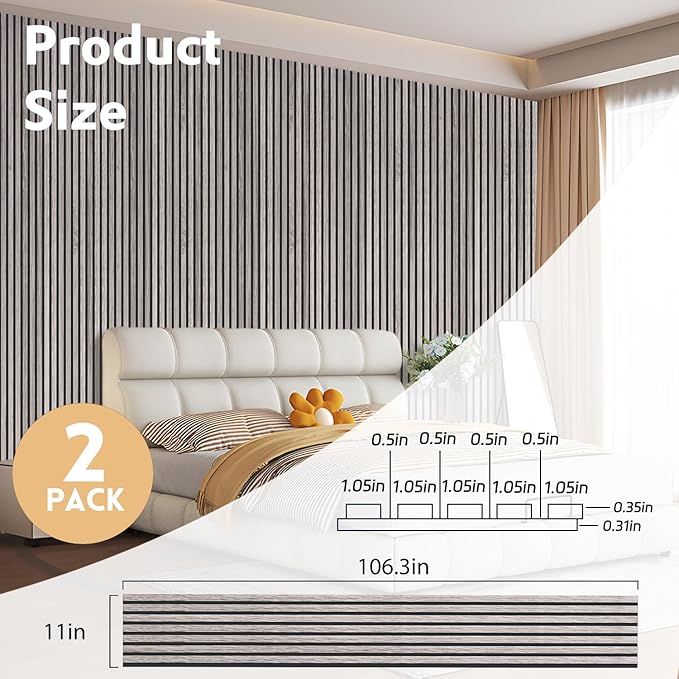 2 Pack Wood Panels for Wall, 106.3" × 11" Wood Slat Acoustic Panels for Wall
