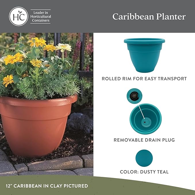 The HC Companies Caribbean Planter Pot - Outdoor & Indoor Plant Pot with Drainage Hole & Plug - Rolled Rim Plastic Pots for Plants & Flowers - Decorative Plant Pot (16" Dusty Teal, Pack of 1)