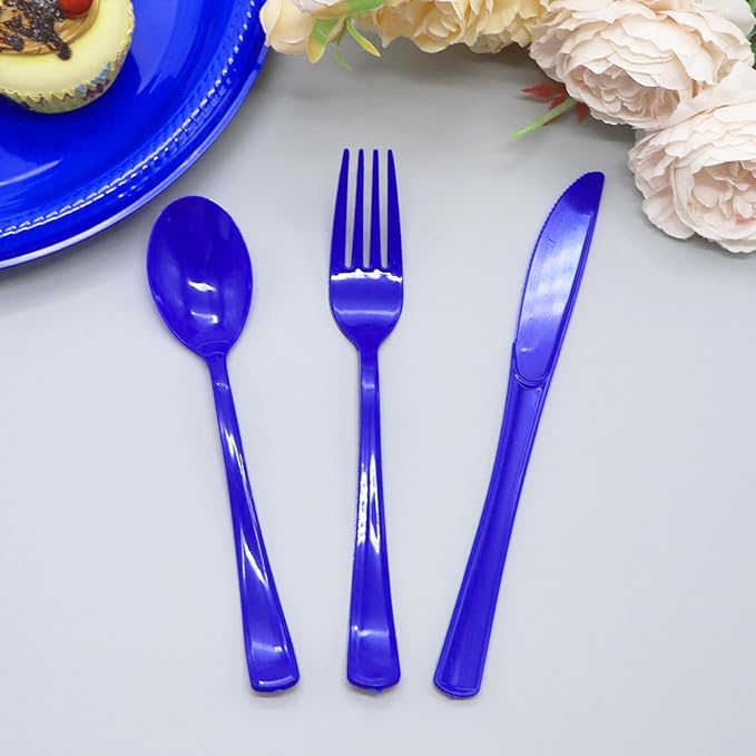 150 Pack Dark Blue Plastic Silverware, Blue Plastic Utensils Heavy Duty, 50 Forks, 50 Knives, 50 Spoons for Birthday, Graduation, Memorial Day, Flag Day, 4th of July
