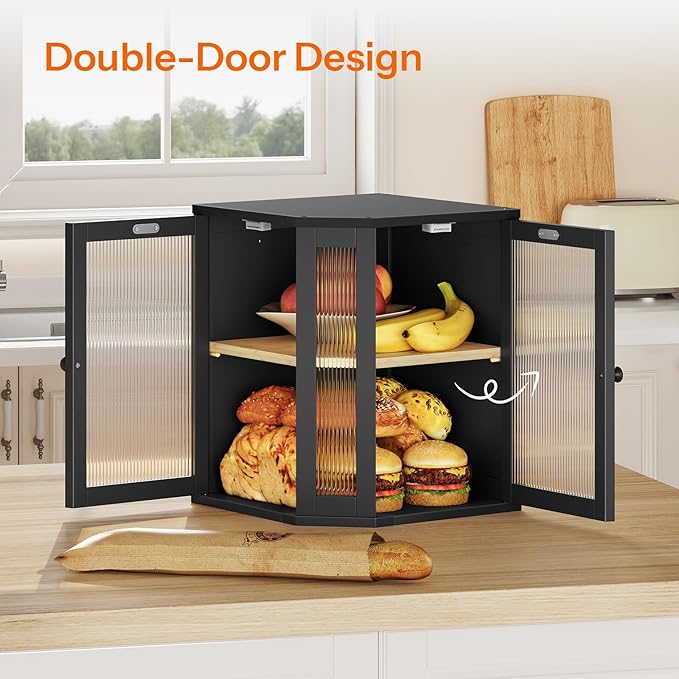 HOOBRO Bamboo Bread Box, Kitchen Countertop Corner Bread Box, Large Capacity 2-Tier Bread Container, Bread Storage Container with Dual Rippled Acrylic Doors, for Kitchen Food Storage, Black BK12MB01