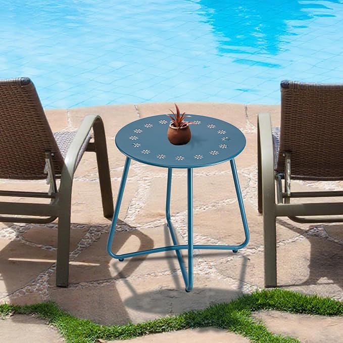 danpinera Outdoor Side Tables with Flower Cut Outs, Weather Resistant Steel Patio Side Table, Small Round Outdoor End Table Metal Side Table for Patio Yard Balcony Garden Navy Blue