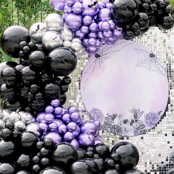 162pcs Purple and Black Balloons Garland Arch Kit, Metallic Purple Silver Black and Confetti Balloons in Different Sizes for Halloween Wednesday Vampire Theme Birthday Party Decorations