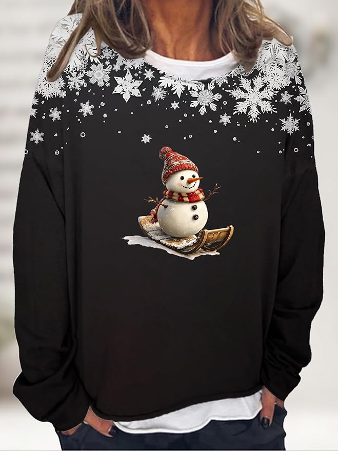 LOAIHA Christmas Shirts for Women Crewneck Snowman Snowflake Santa Graphic Shirts Christmas Tree Long Sleeve Xmas Hoodie
