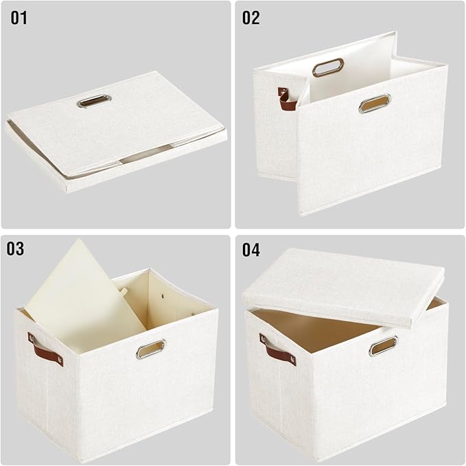 17" Large Collapsible Storage Bins with Lids, Stackable Closet Organizers with PU Handle and Labels, 3-Pack Decorative Fabric Storage Boxes for Home, Bedroom, Closet, Office, Nursery(White)