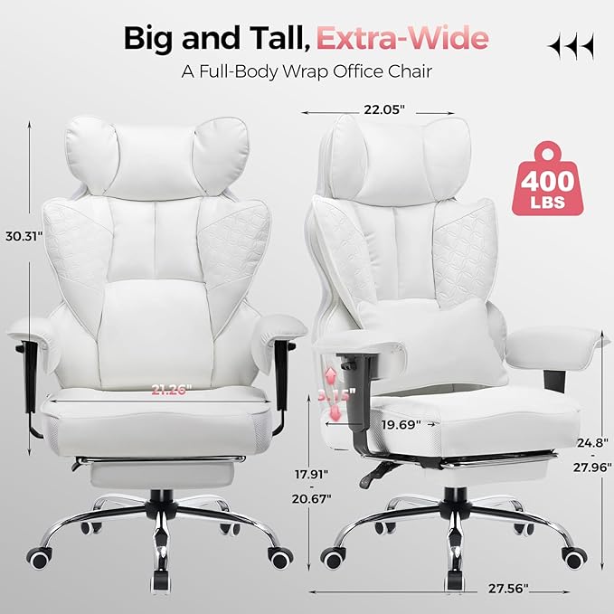COMHOMA Desk Office Chair Big and Tall Office Chairs Ergonomic Gaming Chairs with Wide Seat Leather High Back Chair with Foot Rest Adjustable Armrests Pocket Spring Lumbar Support