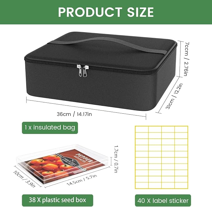 38 Slots Seed Storage Organizer Box with Insulated Bag That Holds 80-200 Seed Envelopes, Oxford Cloth Garden Seed Containers with Labels, Seed Packet Organizer for Plant, Flower ,Vegetable Seeds