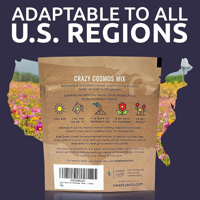 Cosmos Seeds Wildflower Mixture - Bulk 1 Ounce Packet - Over 5,000 Seeds - Pink, Yellow, Orange, Red, Purple and White Mixed Species!