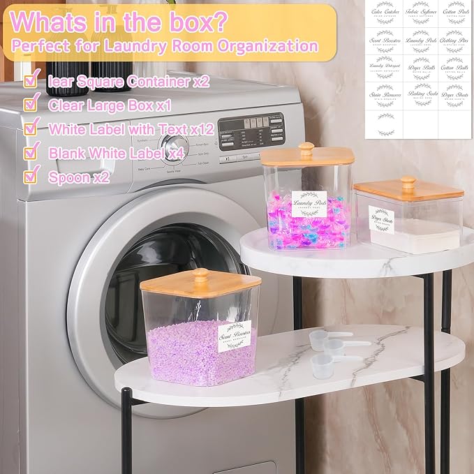 efluky 2 Pack Laundry Pods Container & Dryer Sheet Holder Set,Clear Laundry Room Organization Containers with Bamboo Lids and Labels,Laundry Pods Holder for Scent Booster,Powder,Pod