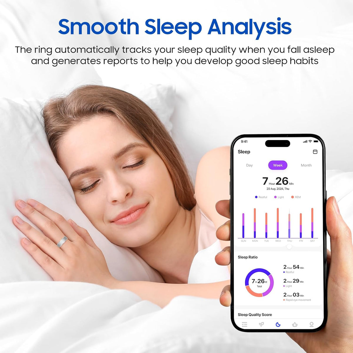 Smart Health Ring - Stress & Sleep Monitoring | Waterproof Fitness Tracker for iOS & Android (Silver, Size 10)