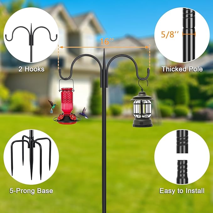 FEED GARDEN Heavy Duty Shepherds Hook 92" Double Hooks Adjustable (44/60/76/92") - Metal 5-Prong Base, 15lb Capacity - Easy Assembly Bird Feeder Pole for Hanging Planters, Lanterns, Wind Chimes