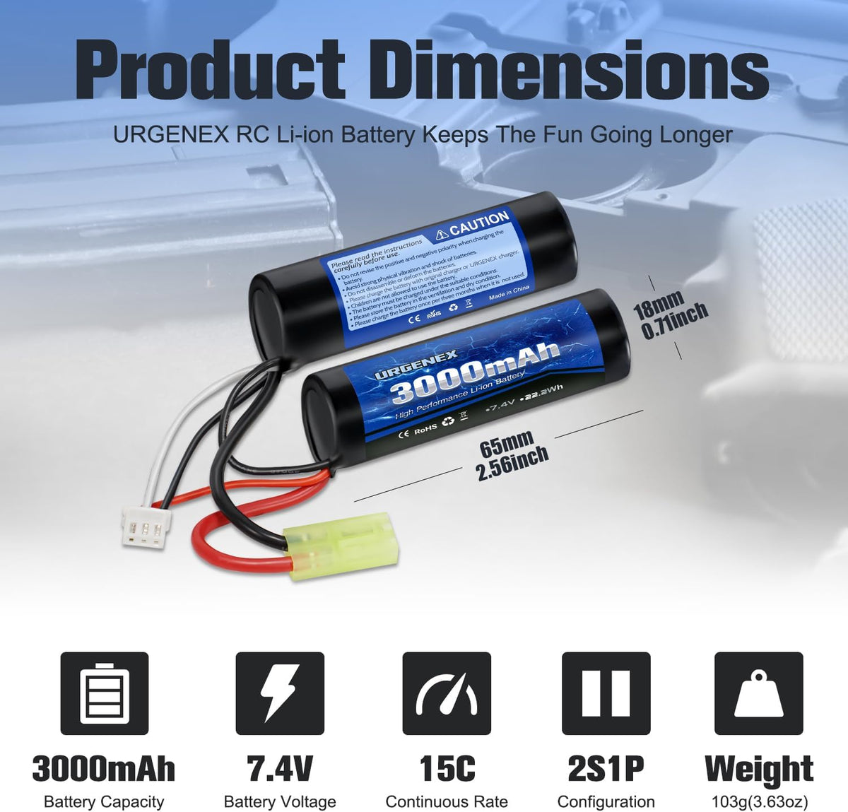 URGENEX 3000mAh Airsoft Battery - 7.4V Nunchuck Rechargeable Stick with Mini Tamiya Plug