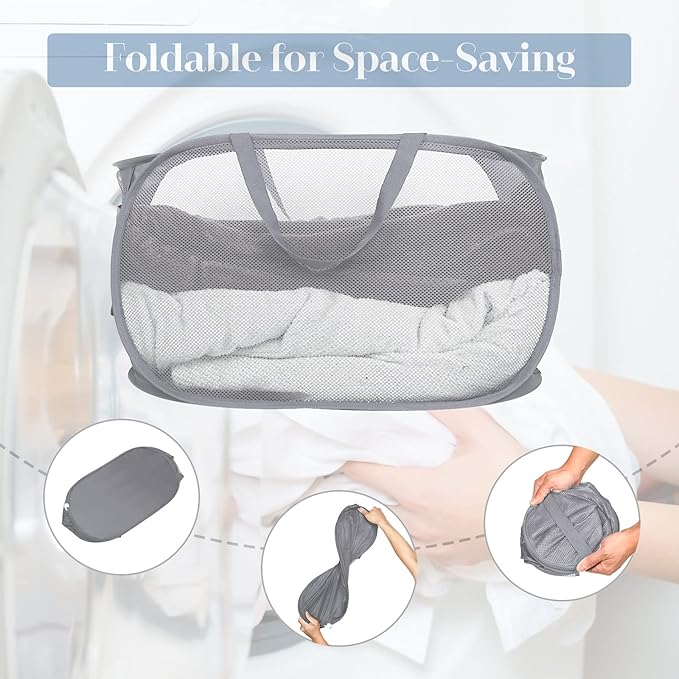 Durable Collapsible Laundry Baskets, Mesh Pop Up Laundry Hamper with Side Pocket, Foldable Clothes Hamper with Reinforced Carry Handles for Laundry, Bathroom, Kids Room, Dorm or Travel 2 Pack Grey